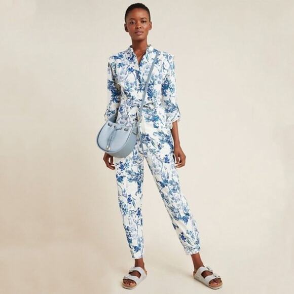 ANTHROPOLOGIE NWT Blue and White Floral Belted Jumpsuit Romper – Size 12 Large - Picture 2 of 13